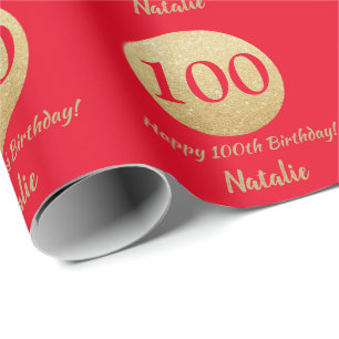 Happy 100th Birthday Red en Gold Glitter Cadeaupapier