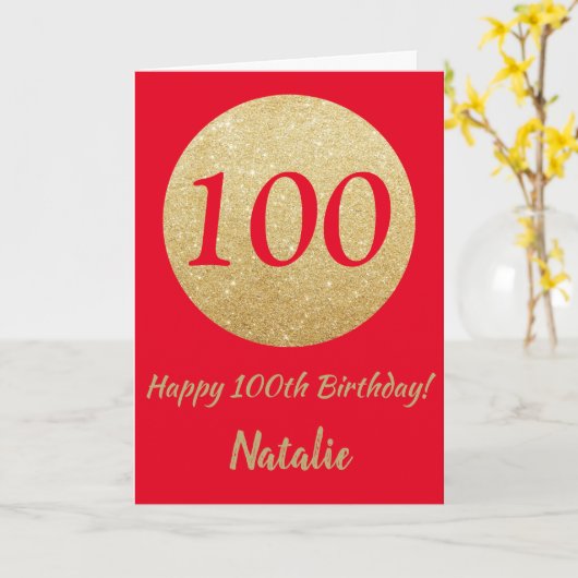 Happy 100th Birthday Red en Gold Glitter Card Kaart (Gele Bloem)