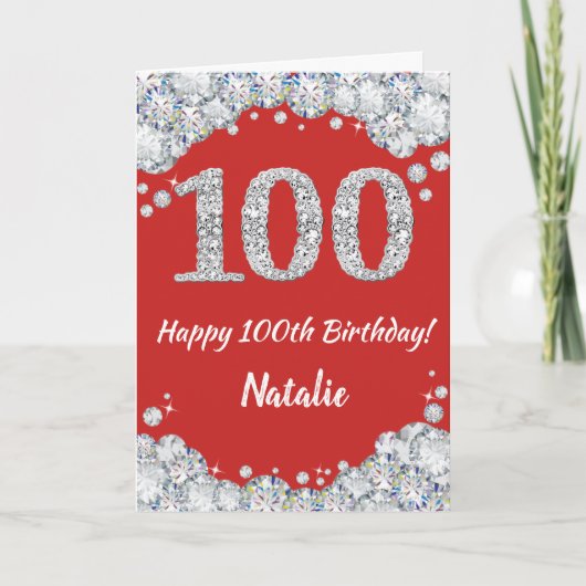 Happy 100th Birthday Red en Silver Glitter Card Kaart (Voorkant)