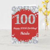 Happy 100th Birthday Red en Silver Glitter Card Kaart (Gele Bloem)