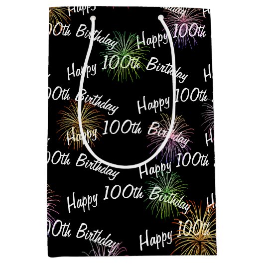 Happy 100th Birthday vuurwerk op zwart Medium Cadeauzakje (Voorkant)