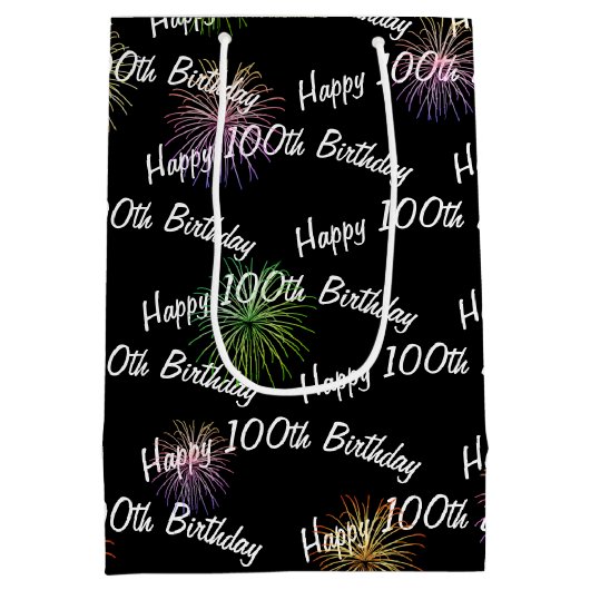 Happy 100th Birthday vuurwerk op zwart Medium Cadeauzakje (Achterkant)
