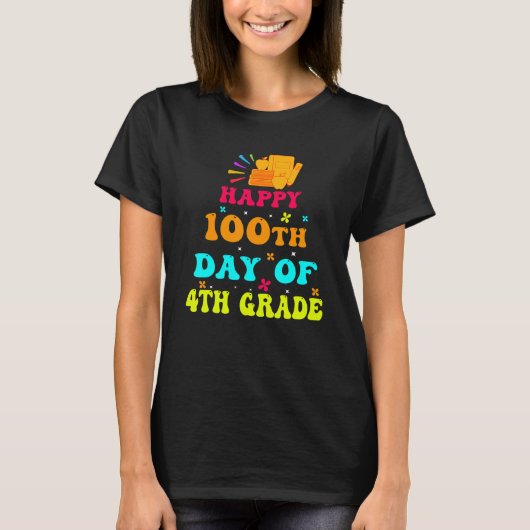 Happy 100th Day of 4th Grade Teacher Student Retro T-shirt (Voorkant)