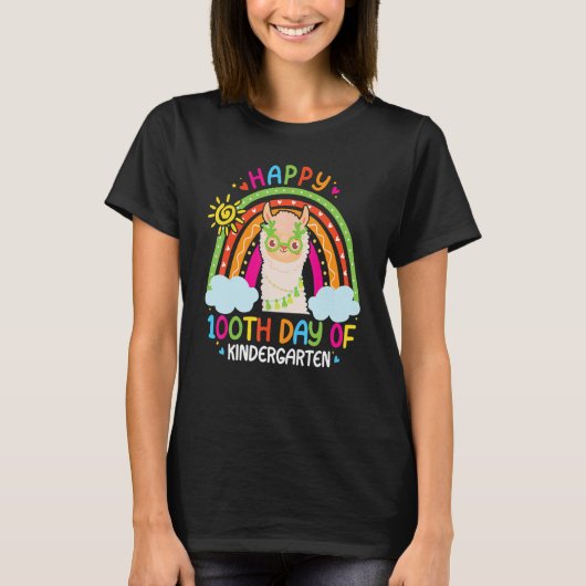 Happy 100th Day Of Kindergarten Llama Lover Rainbo T-shirt (Voorkant)