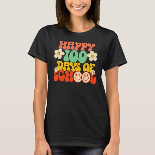 Happy 100th Day Of School Teacher Kids Retro Groov T-shirt (Voorkant)