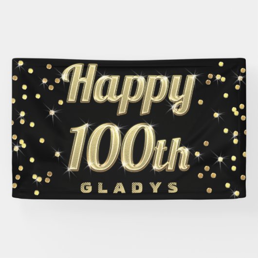 Happy 100th Gold Bling Typography Confetti Black Spandoek (Horizontaal)