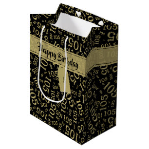 Happy 105th Birthday Gold en Black Number Pattern Medium Cadeauzakje