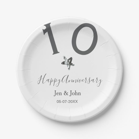 Happy 10th anniversary name date gray metal star b papieren bordje (Voorkant)