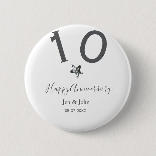 Happy 10th anniversary name date gray metal star b ronde button 5,7 cm (Voorkant)