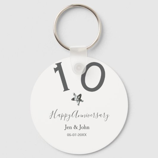 Happy 10th anniversary name date gray metal star b sleutelhanger (Voorkant)