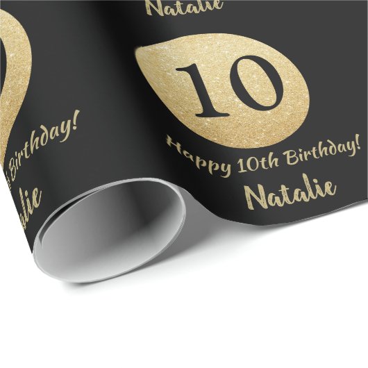 Happy 10th Birthday Black en Gold Glitter Cadeaupapier (Rol Hoek)