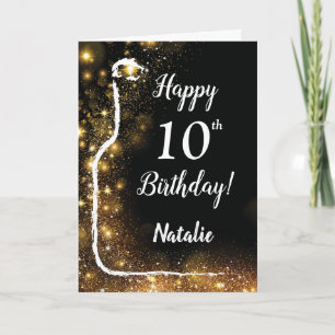 Happy 10th Birthday Black en Gold Glitter Wine Kaart
