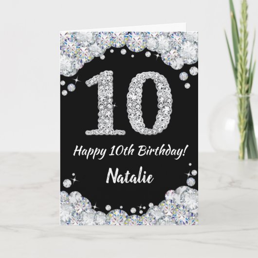 Happy 10th Birthday Black en Silver Glitter Card Kaart (Voorkant)