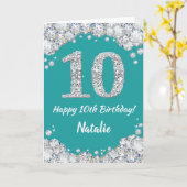 Happy 10th Birthday Blauwgroen en Silver Glitter C Kaart (Gele Bloem)