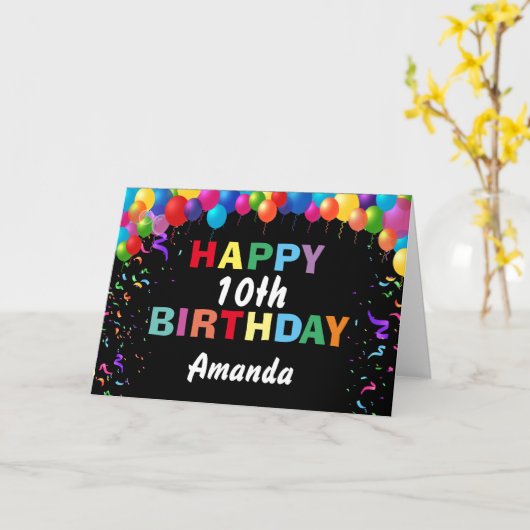 Happy 10th Birthday Colorful Balloons Black Kaart (Gele Bloem)