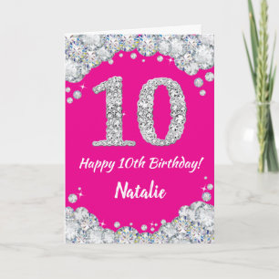 Happy 10th Birthday Hot Pink en Silver Glitter Kaart