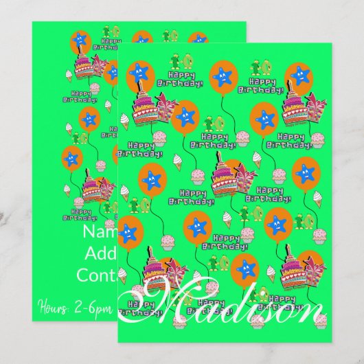 Happy 10th Birthday Invitation Birthday #10 Green Kaart (Voorkant / Achterkant)