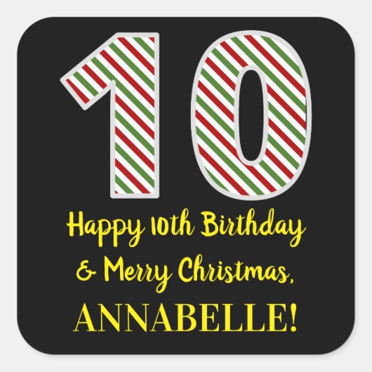 Happy 10th Birthday & Merry Kerstmis, aangepaste n Vierkante Sticker (Voorkant)