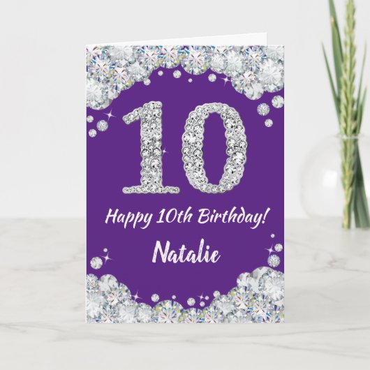 Happy 10th Birthday Paars en Silver Glitter Card Kaart (Voorkant)