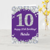 Happy 10th Birthday Paars en Silver Glitter Card Kaart (Gele Bloem)