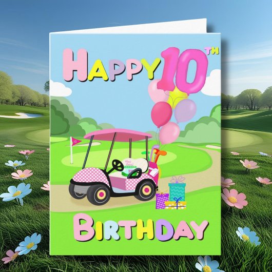 Happy 10th Birthday Polka Dot Pink Girly Golf Kaar Kaart