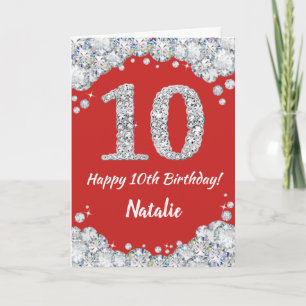 Happy 10th Birthday Red en Silver Glitter Card Kaart
