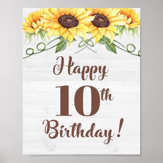 Happy 10th Birthday Sunflower Party Sign. Poster (Voorkant)