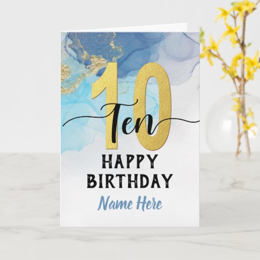 Happy 10th Birthday Waterverf Blue & Gold Boy Kaart (Gele Bloem)
