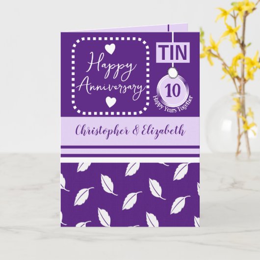 Happy 10th Jubileum Tin voegt namen paars toe Kaart (Gele Bloem)