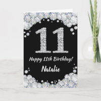 Happy 11th Birthday Black en Silver Glitter Card