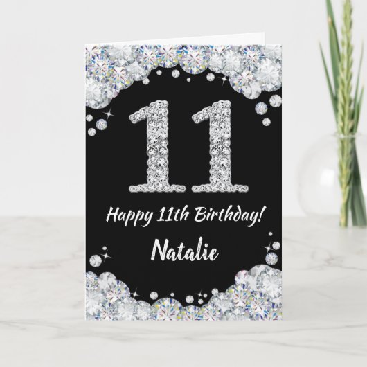 Happy 11th Birthday Black en Silver Glitter Card Kaart (Voorkant)