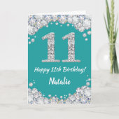 Happy 11th Birthday Blauwgroen en Silver Glitter C Kaart (Voorkant)