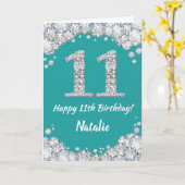Happy 11th Birthday Blauwgroen en Silver Glitter C Kaart (Gele Bloem)