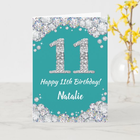 Happy 11th Birthday Blauwgroen en Silver Glitter C Kaart (Gele Bloem)