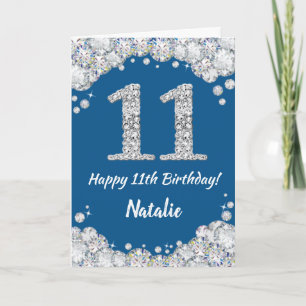 Happy 11th Birthday Blue en Silver Glitter Card Kaart