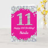 Happy 11th Birthday Hot Pink en Silver Glitter Kaart (Gele Bloem)