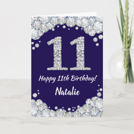 Happy 11th Birthday Navy Blue en Silver Glitter Kaart (Voorkant)