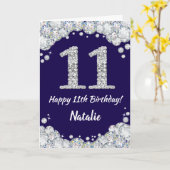 Happy 11th Birthday Navy Blue en Silver Glitter Kaart (Gele Bloem)