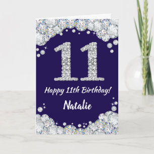 Happy 11th Birthday Navy Blue en Silver Glitter Kaart