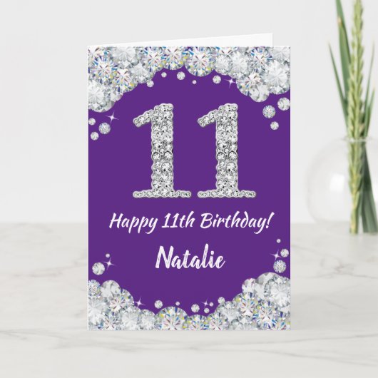 Happy 11th Birthday Paars en Silver Glitter Card Kaart (Voorkant)