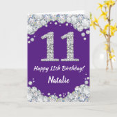 Happy 11th Birthday Paars en Silver Glitter Card Kaart (Gele Bloem)