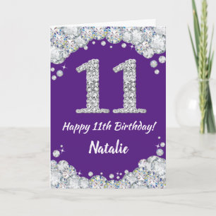 Happy 11th Birthday Paars en Silver Glitter Card Kaart
