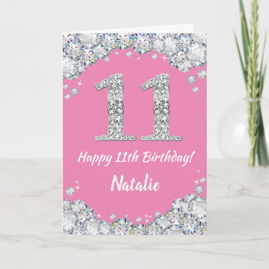 Happy 11th Birthday Pink en Silver Glitter Card Kaart (Voorkant)