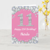 Happy 11th Birthday Pink en Silver Glitter Card Kaart (Gele Bloem)