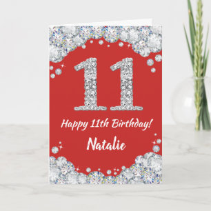 Happy 11th Birthday Red en Silver Glitter Card Kaart