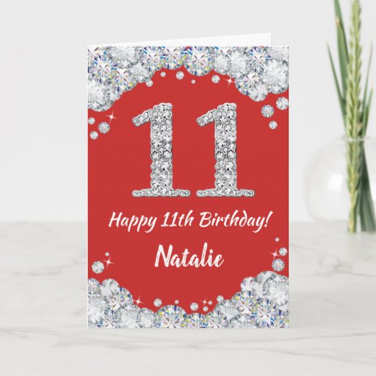 Happy 11th Birthday Red en Silver Glitter Card Kaart (Voorkant)