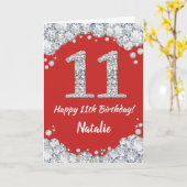 Happy 11th Birthday Red en Silver Glitter Card Kaart (Gele Bloem)