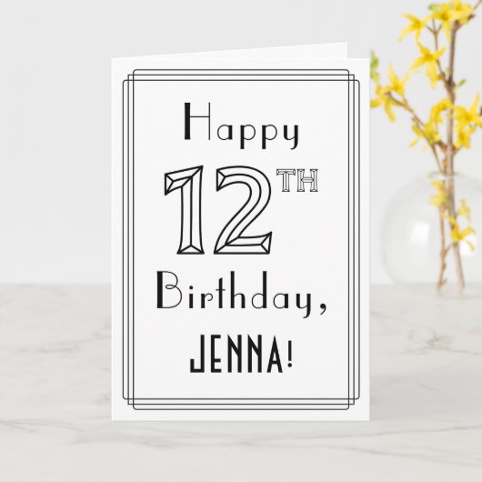Happy 12th Birthday, Art Deco Style met aangepaste Kaart (Gele Bloem)