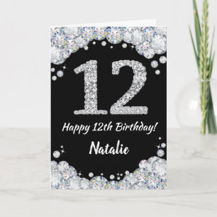 Happy 12th Birthday Black en Silver Glitter Card Kaart