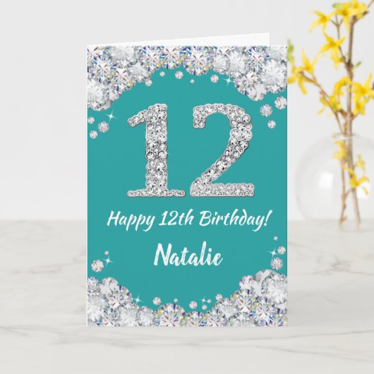 Happy 12th Birthday Blauwgroen en Silver Glitter C Kaart (Gele Bloem)